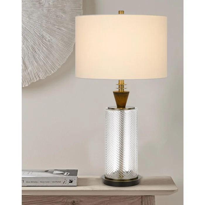 150W 3 Way Sherwood Glass Table Lamp With Wood Font And Hardback Fabric Drum Shade, Glass/Dark Bronze By Cal Lighting – Glass/Dark Bronze