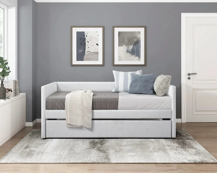 1pc Daybed with Trundle Gray Fabric Upholstery Wooden Frame Modern Home Furniture