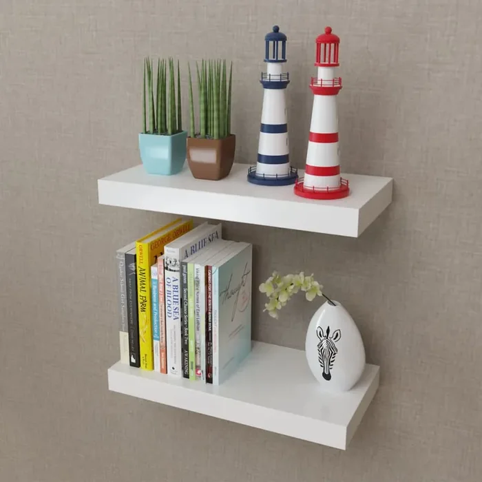 2 White MDF Floating Wall Display Shelves Book/DVD Storage