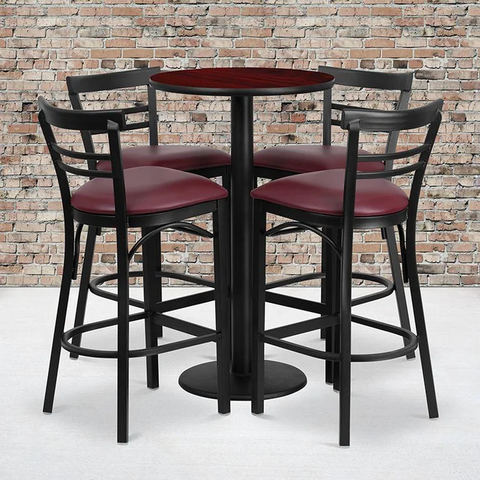 24” Round Mahogany Laminate Table Set With Round Base And 4 Two-Slat Ladder Back Metal Barstools – Burgundy Vinyl Seat By Flash Furniture – Mahogany Top , Burgundy Vinyl Seat