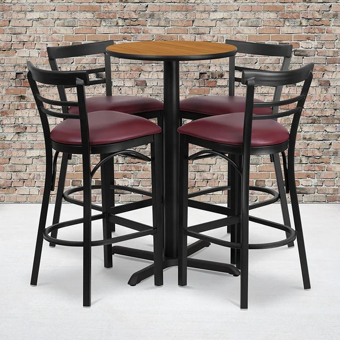 24” Round Natural Laminate Table Set With X-Base And 4 Two-Slat Ladder Back Metal Barstools – Burgundy Vinyl Seat By Flash Furniture – Natural Top , Burgundy Vinyl Seat