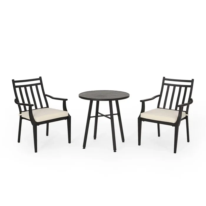 3 Piece Metal Bistro Set With 2 Curved Armrest Chairs – Black