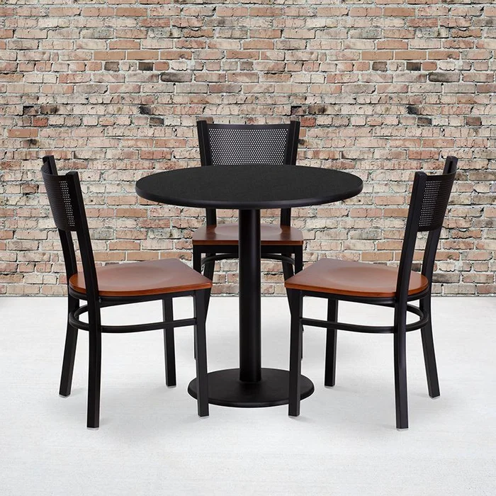 30” Round Black Laminate Table Set With 3 Grid Back Metal Chairs – Cherry Wood Seat By Flash Furniture – Black