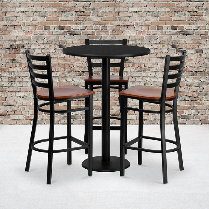 30” Round Black Laminate Table Set With 3 Ladder Back Metal Barstools – Cherry Wood Seat By Flash Furniture – Black