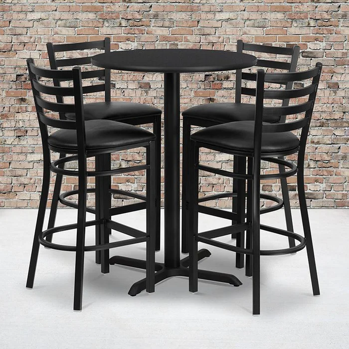 30” Round Black Laminate Table Set With X-Base And 4 Ladder Back Metal Barstools – Black Vinyl Seat By Flash Furniture – Black Top , Black Vinyl Seat