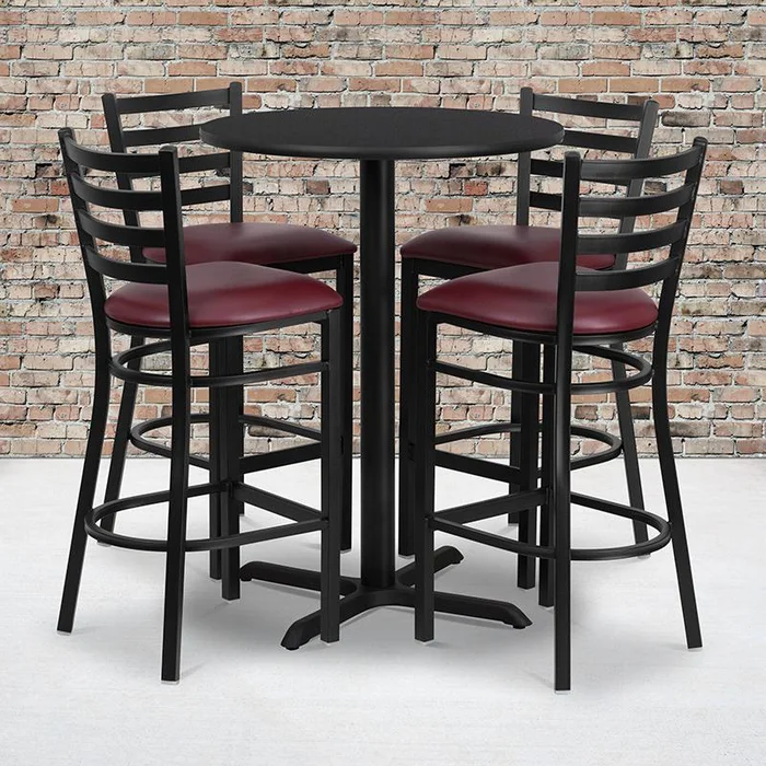 30” Round Black Laminate Table Set With X-Base And 4 Ladder Back Metal Barstools – Burgundy Vinyl Seat By Flash Furniture – Black Top , Burgundy Vinyl Seat