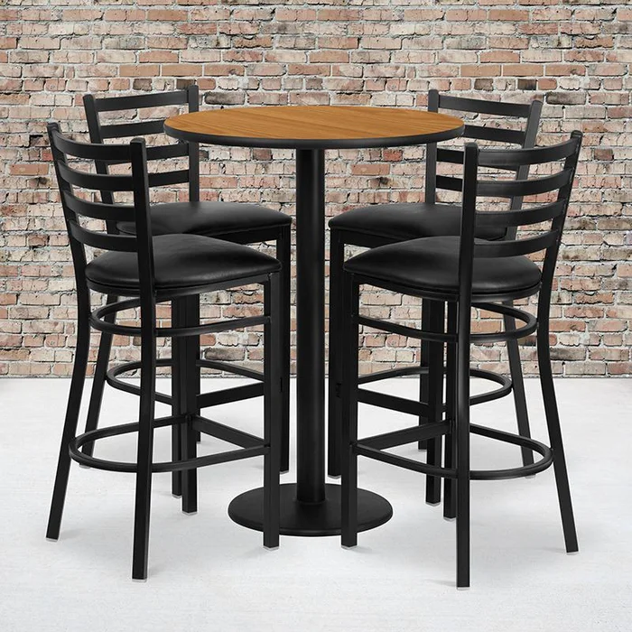 30” Round Natural Laminate Table Set With Round Base And 4 Ladder Back Metal Barstools – Black Vinyl Seat By Flash Furniture – Natural Top , Black Vinyl Seat