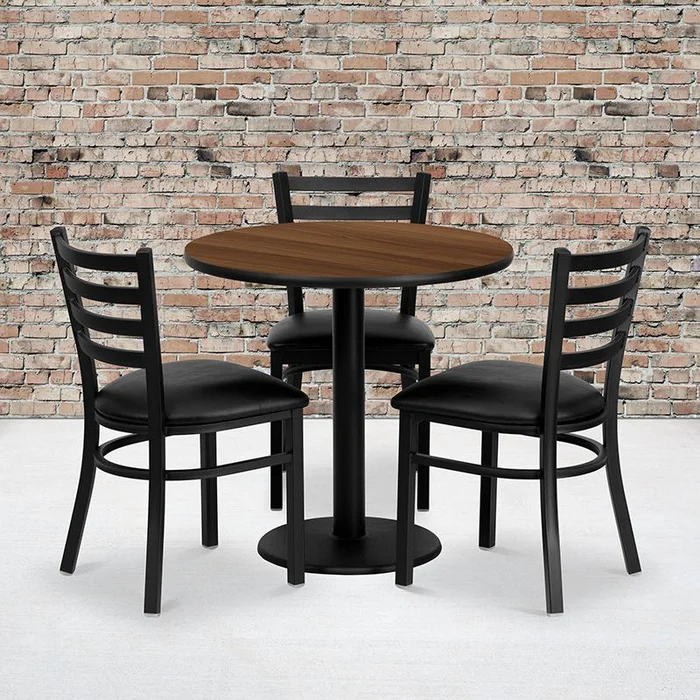 30” Round Walnut Laminate Table Set With 3 Ladder Back Metal Chairs – Black Vinyl Seat By Flash Furniture – Walnut