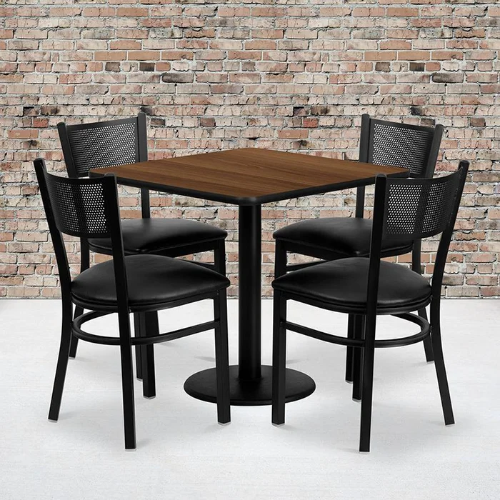 30” Square Walnut Laminate Table Set With 4 Grid Back Metal Chairs – Black Vinyl Seat By Flash Furniture – Walnut