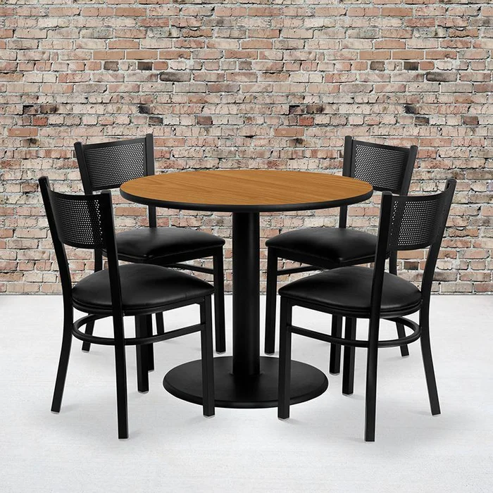 36” Round Natural Laminate Table Set With 4 Grid Back Metal Chairs – Black Vinyl Seat By Flash Furniture – Natural