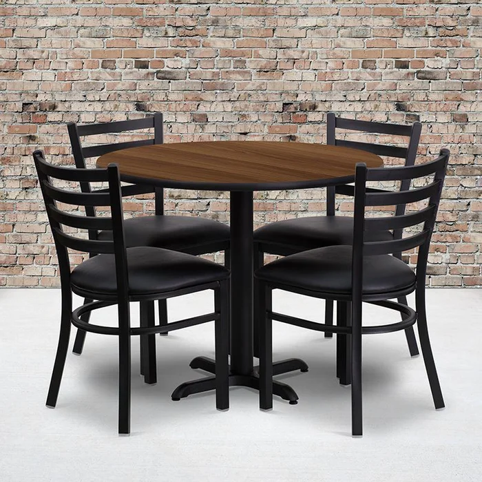 36” Round Walnut Laminate Table Set With X-Base And 4 Ladder Back Metal Chairs – Black Vinyl Seat By Flash Furniture – Walnut Top , Black Vinyl Seat