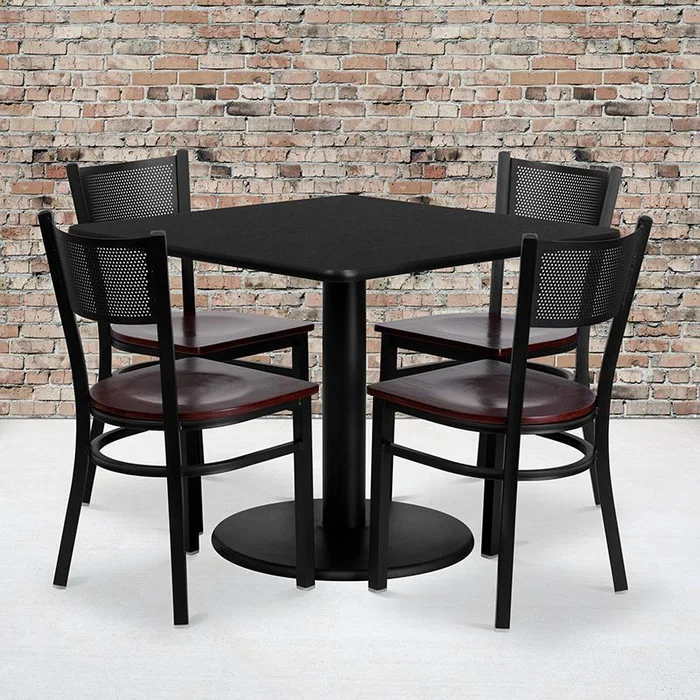 36” Square Black Laminate Table Set With 4 Grid Back Metal Chairs – Mahogany Wood Seat By Flash Furniture – Black
