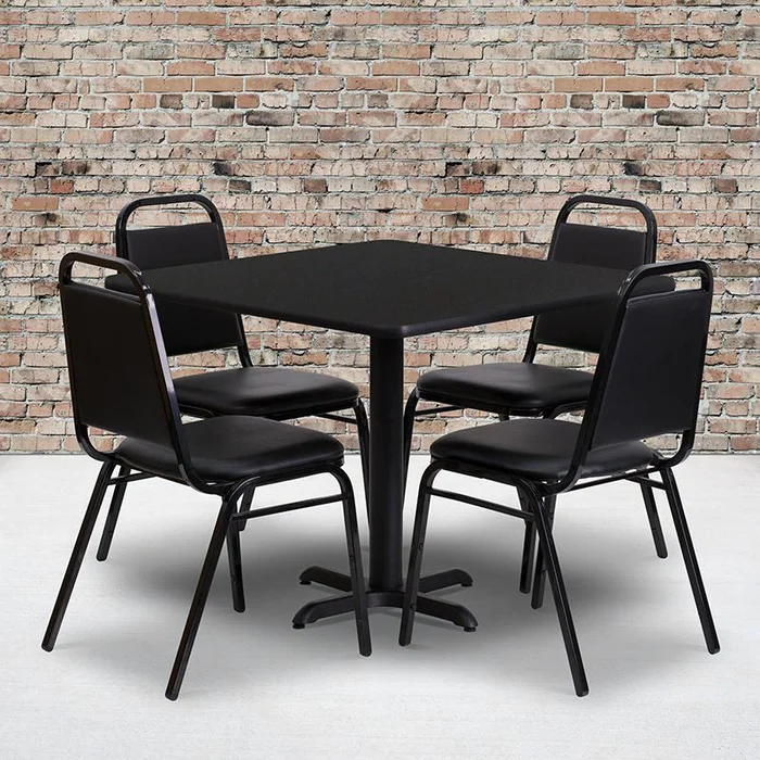 36” Square Black Laminate Table Set With X-Base And 4 Black Trapezoidal Back Banquet Chairs By Flash Furniture – Black Top , Black Vinyl Seat