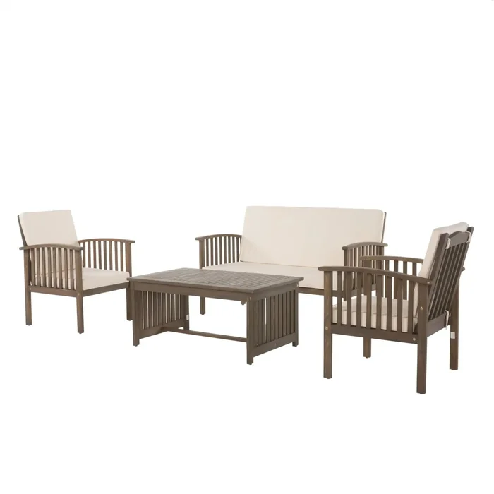 4 Piece Outdoor Chat Set With Water Resistant Cushion And Wood Frame – Cream / Gray