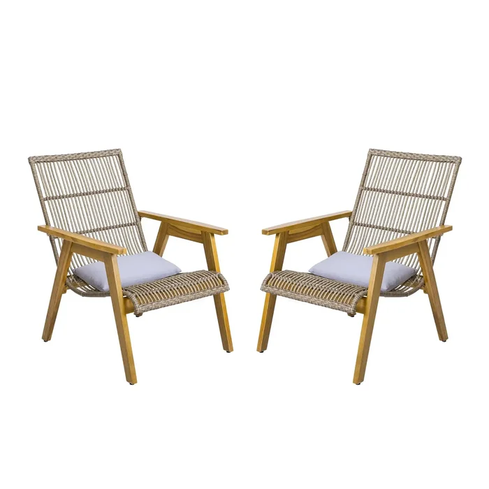 Acacia Wood Cape Woven Wicker Large Lounge Chair With Pillow For Patio, Deck, Yard, Lawn And Garden Seating Wicker (Set of 2) – Teak