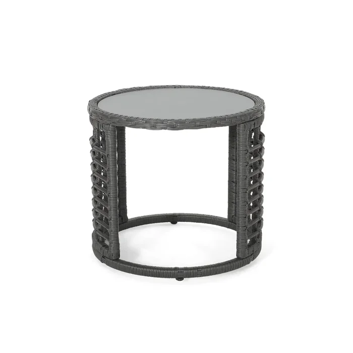 Achill – Outdoor Modern Boho Wicker Side Table With Glass Top – Gray