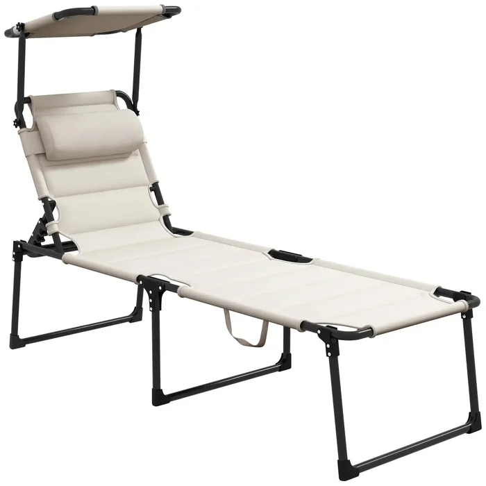 Adjustable Outdoor Lounge Chair with Cushions and Sunshade, Cream White