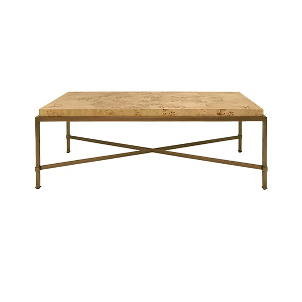Antique Brass Frame Coffee Table With Thick Top In Burl Wood