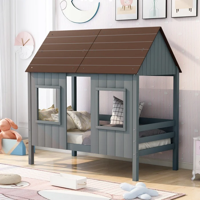 Antique Gray Twin Size Low Loft Wooden House Bed By Homeroots