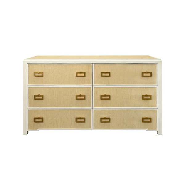 Atticus Six Drawer Chest With Matte White Lacquer Frame And Natural Grasscloth Drawer Fronts