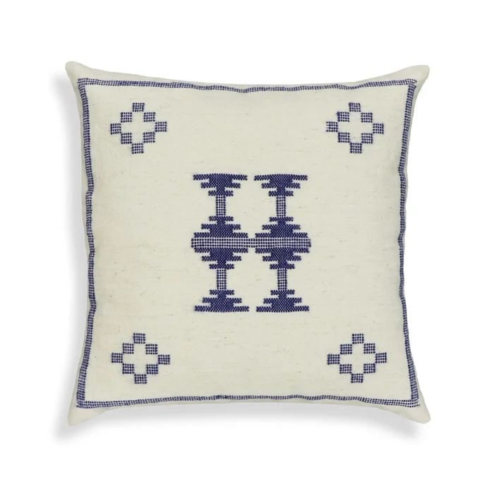 Aztec – Wool Square Accent Cushion – Cream / Indigo