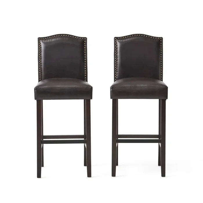 Bar Stools (Set of 2), Upholstered Barstools Armless, Rubber Wood Leg – Brown