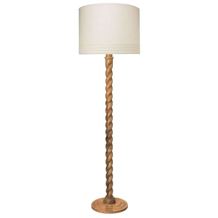 Barley Twist Floor Lamp in Natural Wood with Large Banded Drum Shade in Sea Salt Linen