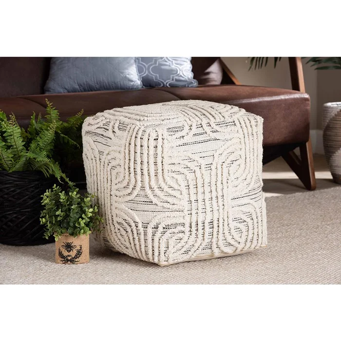 Baxton Studio Arlett Modern and Contemporary Bohemian Ivory and Black Handwoven Wool Blend Pouf Ottoman – Ivory, Black