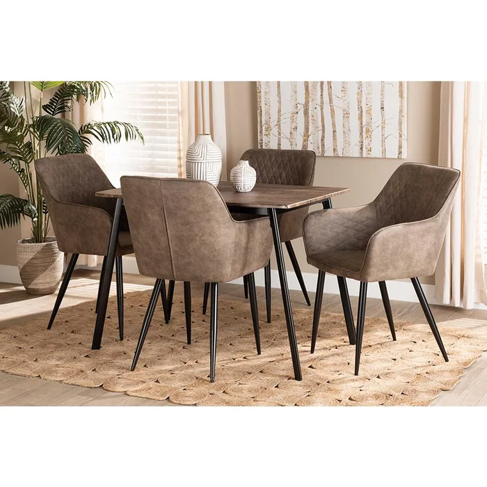 Baxton Studio Belen Modern Transitional Grey Faux Leather Effect Fabric Upholstered and Black Metal 5-Piece Dining Set – Grey, brown, black
