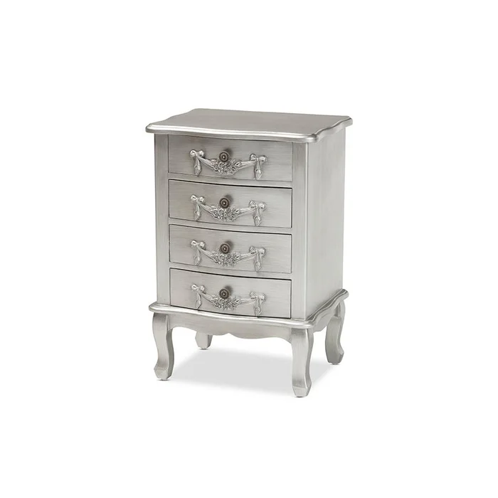 Baxton Studio Callen Classic and Traditional Brushed Silver Finished Wood 4-Drawer Nightstand – Silver