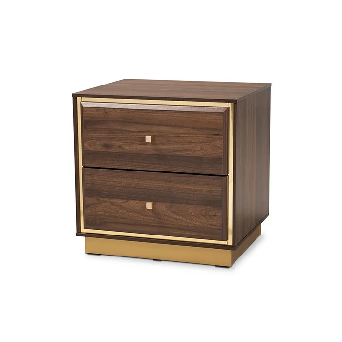 Baxton Studio Cormac Mid-Century Modern Transitional Walnut Brown Finished Wood and Gold Metal 2-Drawer Nightstand – Walnut Brown, Gold