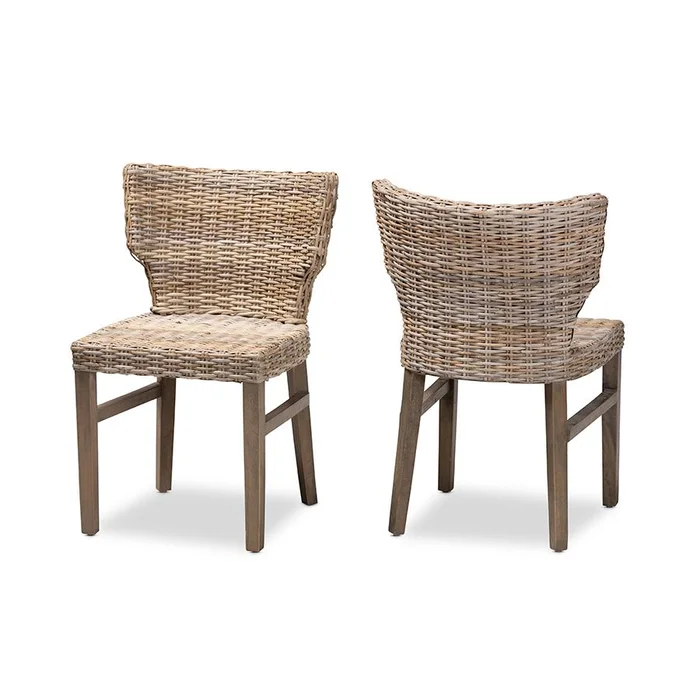 Baxton Studio Enver Modern Bohemian Grey Rattan and Brown Wood 2-Piece Dining Chair Set – Greywashed, Brown