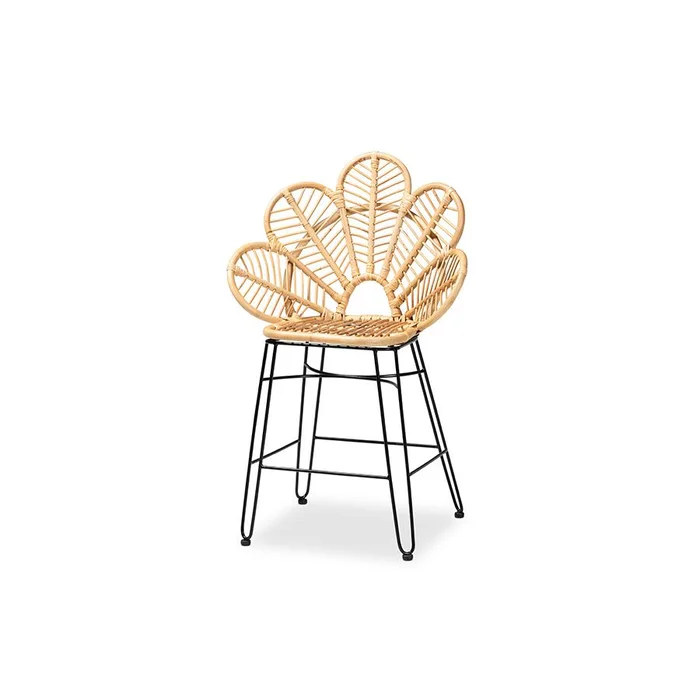 Baxton Studio Garan Modern Bohemian Natural Brown Rattan and Black Metal Counter Stool – Natural Brown, Black