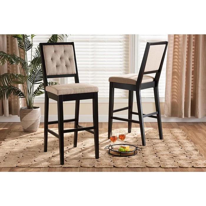Baxton Studio Gideon Modern and Contemporary Sand Fabric Upholstered and Dark Brown Finished Wood 2-Piece Bar Stool Set – Sand, Dark Brown