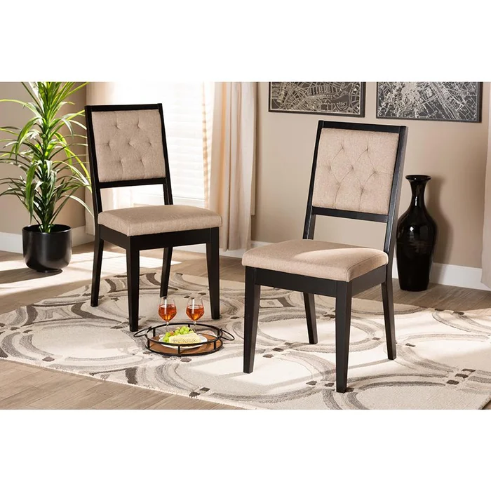 Baxton Studio Gideon Modern and Contemporary Sand Fabric Upholstered and Dark Brown Finished Wood 2-Piece Dining Chair Set – Sand, Dark Brown