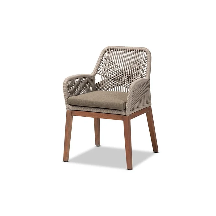 Baxton Studio Jennifer Mid-Century Transitional Grey Woven Rope Mahogany Dining Arm Chair – Grey, Walnut Brown