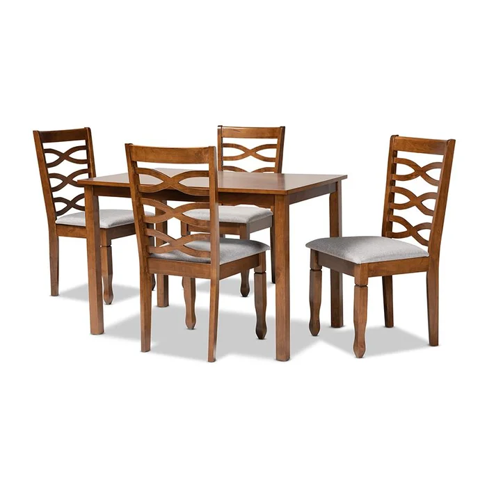 Baxton Studio Lanier Modern and Contemporary Grey Fabric Upholstered and Walnut Brown Finished Wood 5-Piece Dining Set – Grey , Walnut Brown