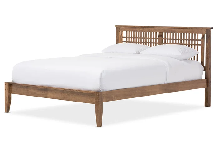 Baxton Studio Loafey Mid-Century Modern Solid Walnut Wood Window-Pane Style King Size Platform Bed – “Walnut” Brown