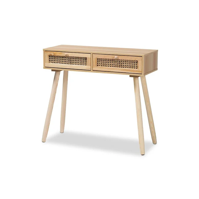 Baxton Studio Maclean Mid-Century Modern Rattan and Natural Brown Finished Wood 2-Drawer Console Table – Beige, Natural Brown