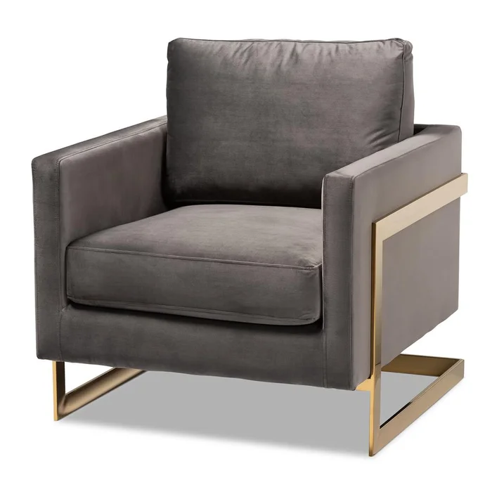 Baxton Studio Matteo Glam and Luxe Grey Velvet Fabric Upholstered Gold Finished Armchair – Gray , Gold