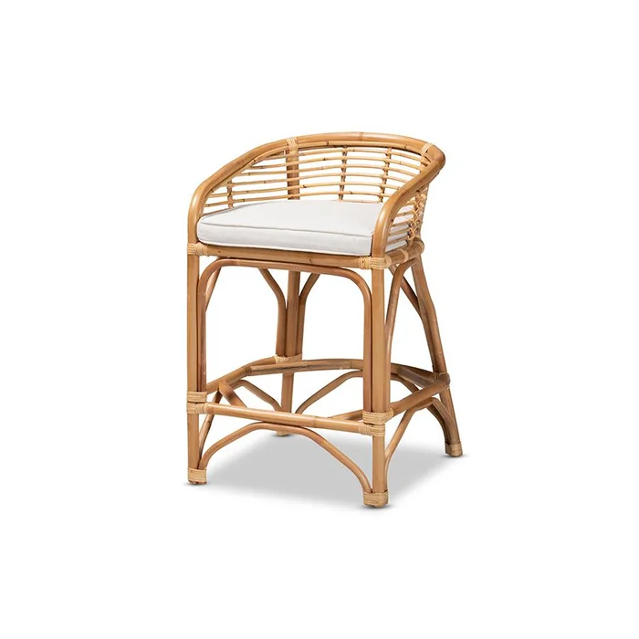 Baxton Studio Maverick Modern Bohemian White Fabric Upholstered and Natural Brown Rattan Counter Stool – White, Natural Brown