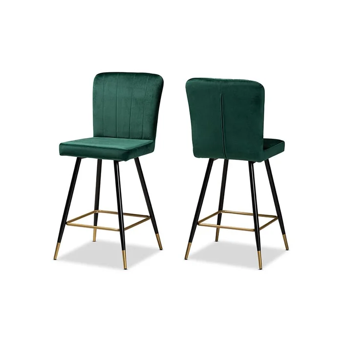 Baxton Studio Preston Modern Luxe and Glam Green Velvet Fabric Upholstered and Two-Tone Black and Gold Finished Metal 2-Piece Bar Stool Set – Green, Black, Gold