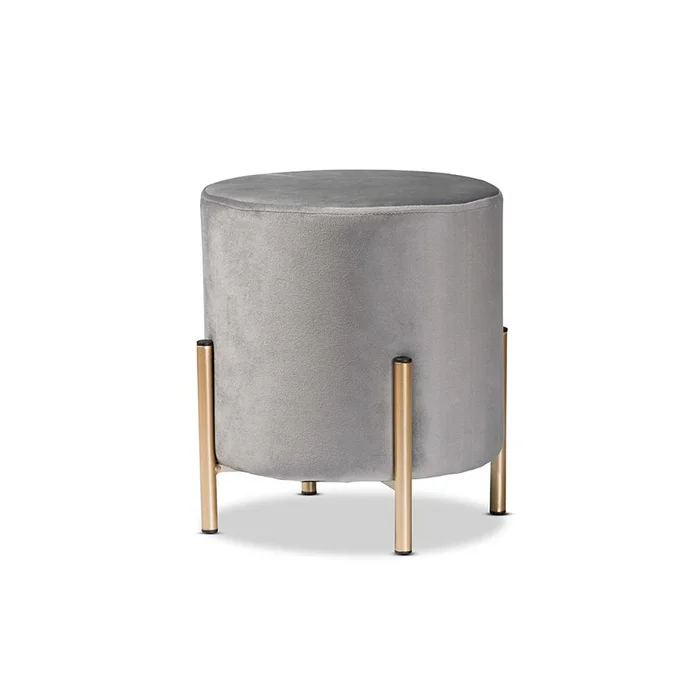 Baxton Studio Thurman Contemporary Glam and Luxe Grey Velvet Fabric Upholstered and Gold Finished Metal Ottoman – Grey, Gold