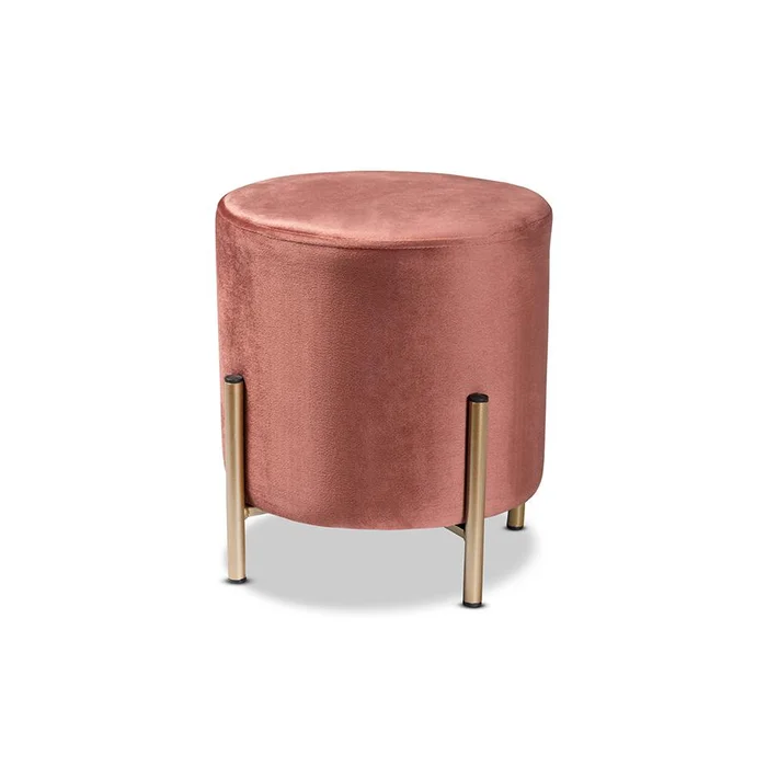 Baxton Studio Thurman Contemporary Glam and Luxe Pink Velvet Fabric Upholstered and Gold Finished Metal Ottoman – Pink, Gold