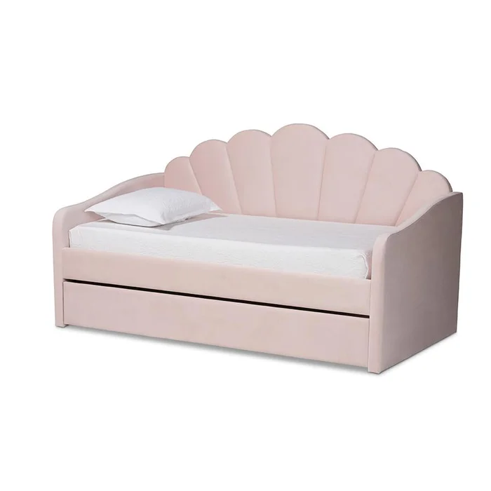 Baxton Studio Timila Modern and Contemporary Light Pink Velvet Fabric Upholstered Twin Size Daybed with Trundle – Light Pink