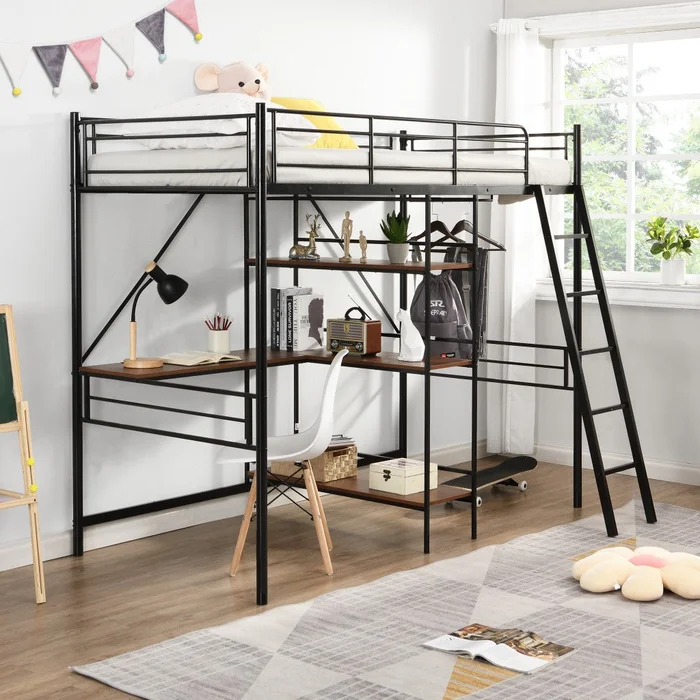 Black Twin Size Metal Loft Bed With Desk And Shelves By Homeroots