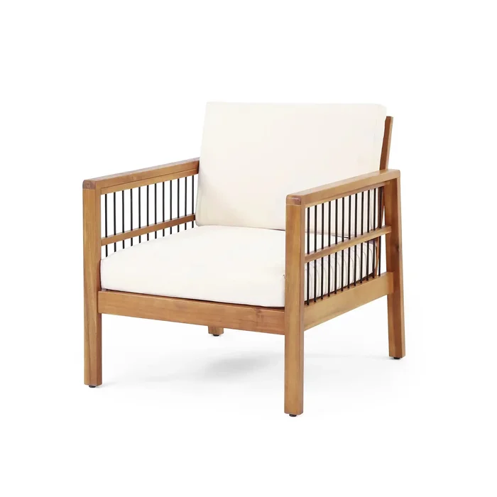 Club Chair With Slat Panel Design – Teak / Beige