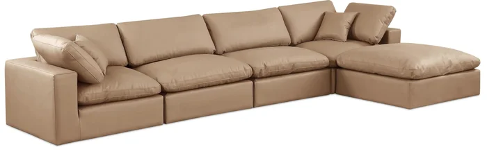 Comfy – 5 Piece Faux Leather Modular Sectional With Chaise – Tan