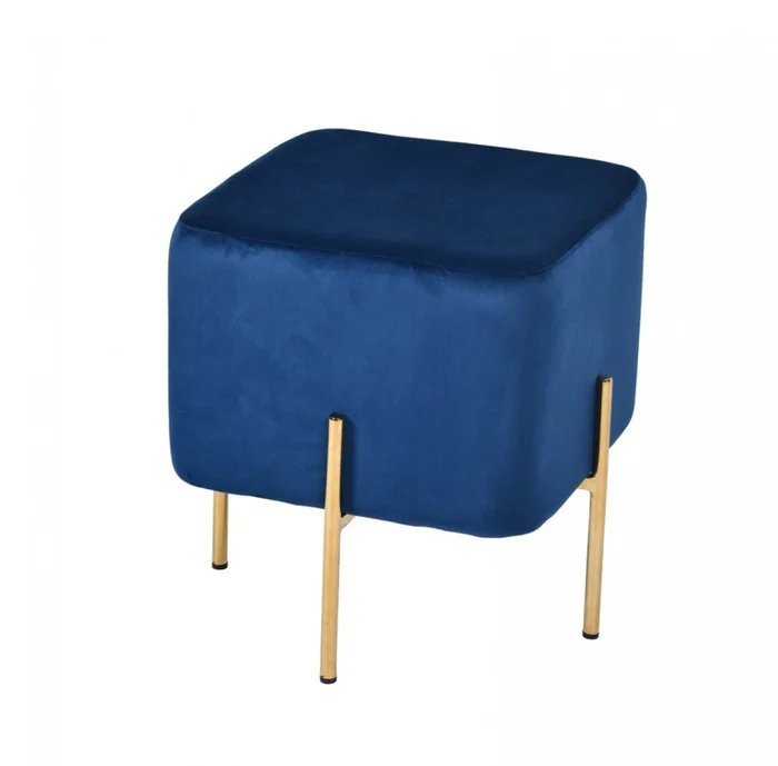 Compact Blue Velvet And Gold Metal Square Ottoman By Homeroots