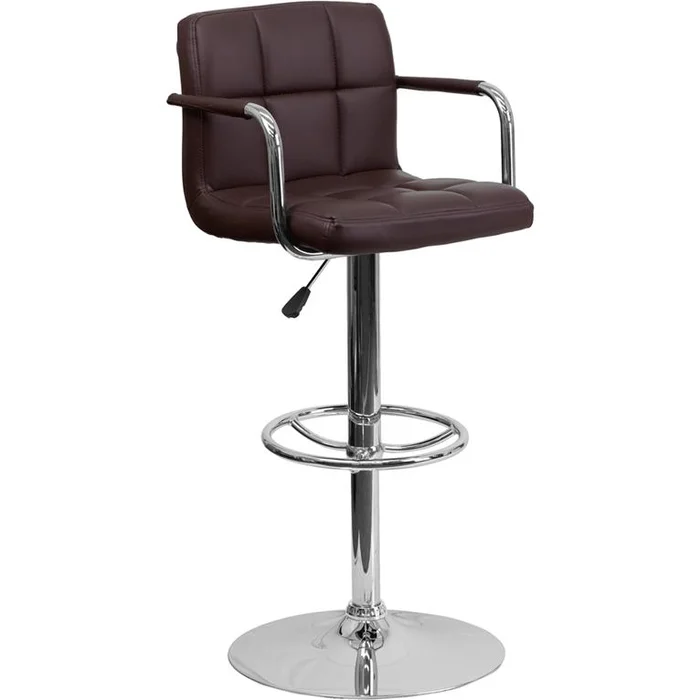 Contemporary Brown Quilted Vinyl Adjustable Height Barstool With Arms And Chrome Base By Flash Furniture – Brown